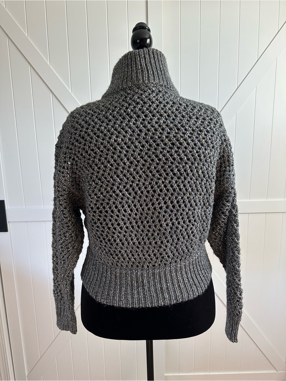 White House Black Market Large Gray Metallic Open Knit Zip Front Sweater - Picture 4 of 6